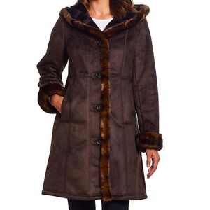 NWT $360 Gallery Faux Shearling Suede Chocolate Brown Long Winter Coat Sz Large